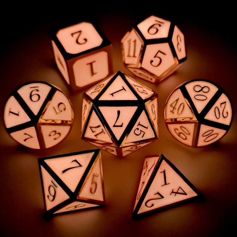 Haxtec Glow in The Dark Metal DND Dice Set Gold Pink D&D Dice Compatible with Dungeons and Dragons-Gold Glowing Red/Cream Pink - Image 2